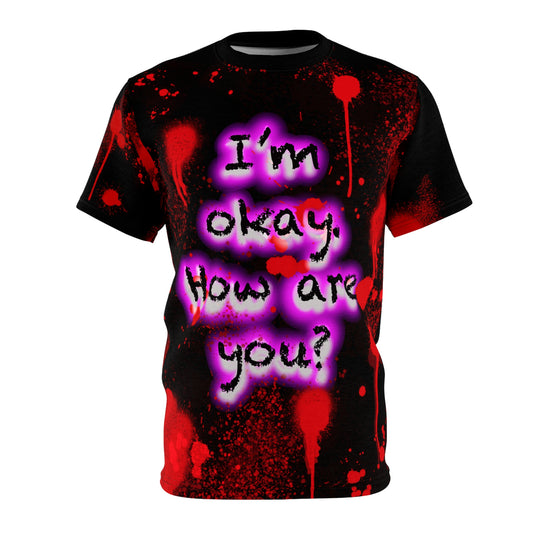 Unisex Cut & Sew Tee (AOP) - I'm Okay (Black w/ Purple)